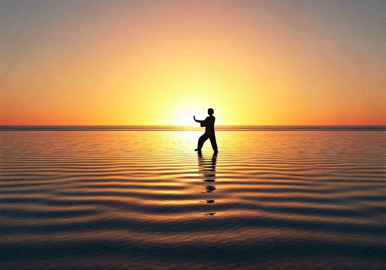 Person practicing Tai Chi on a beach.