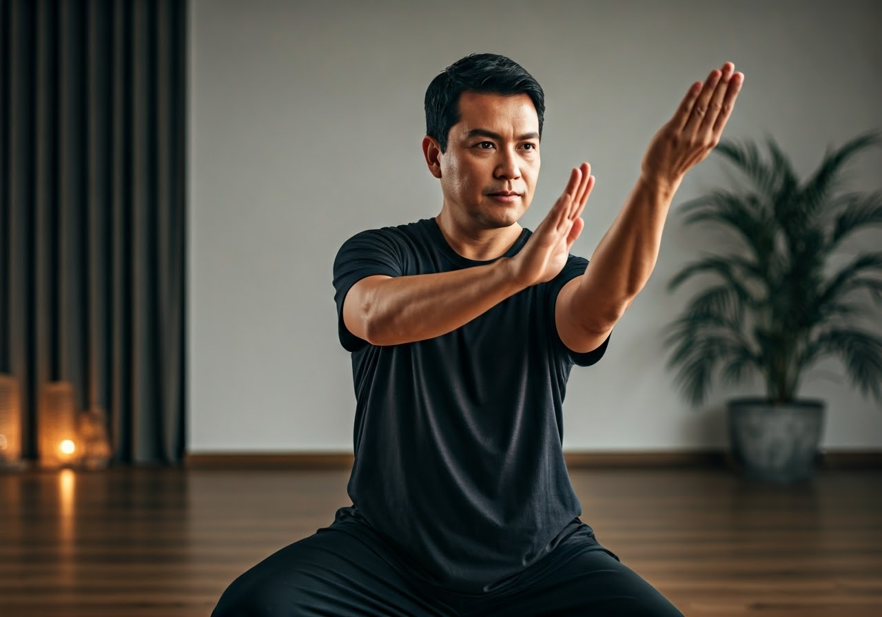 Instructor showing Tai Chi posture in studio.