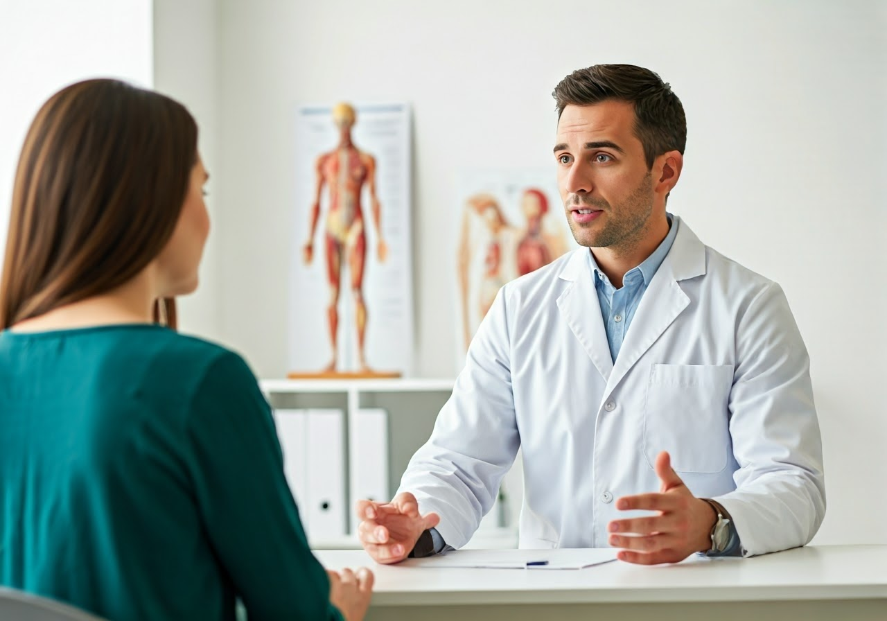 Practitioner explaining naprapathic therapy.