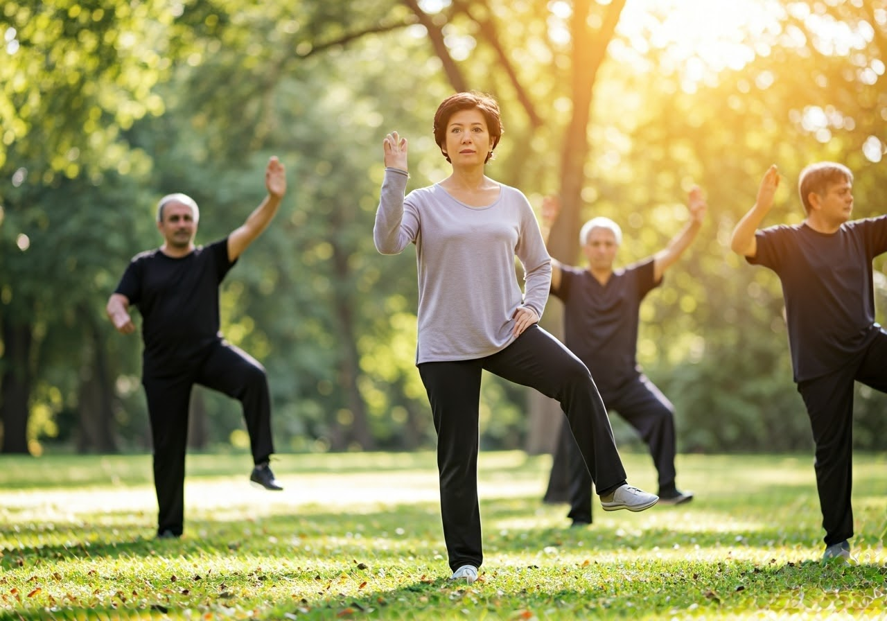 Group practicing Tai Chi in a park.