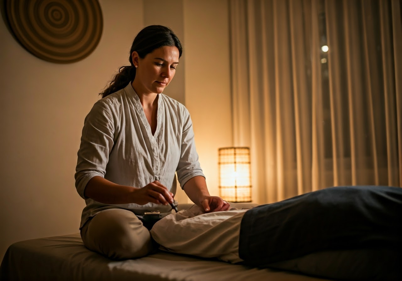 Practitioner performing sonopuncture therapy.