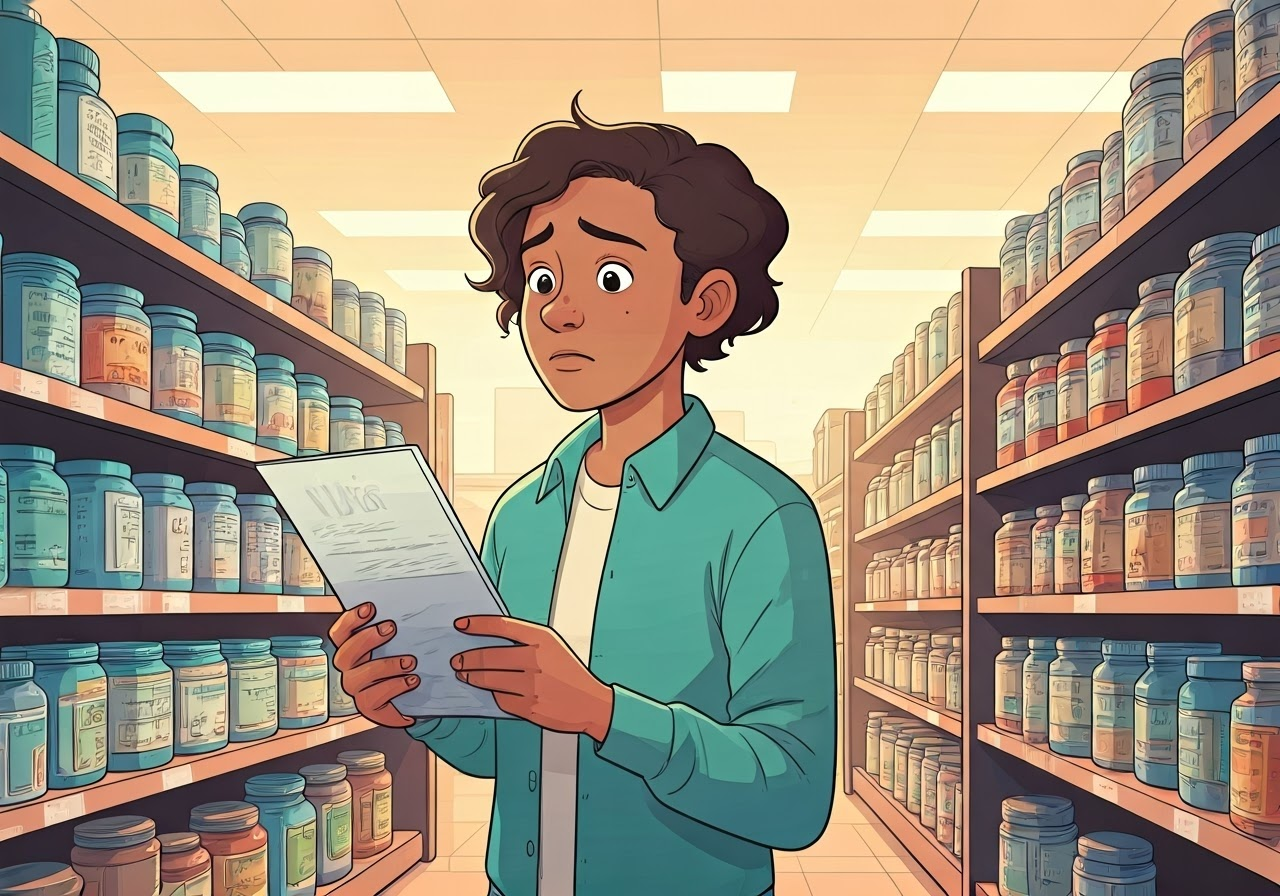 Person reading supplement labels